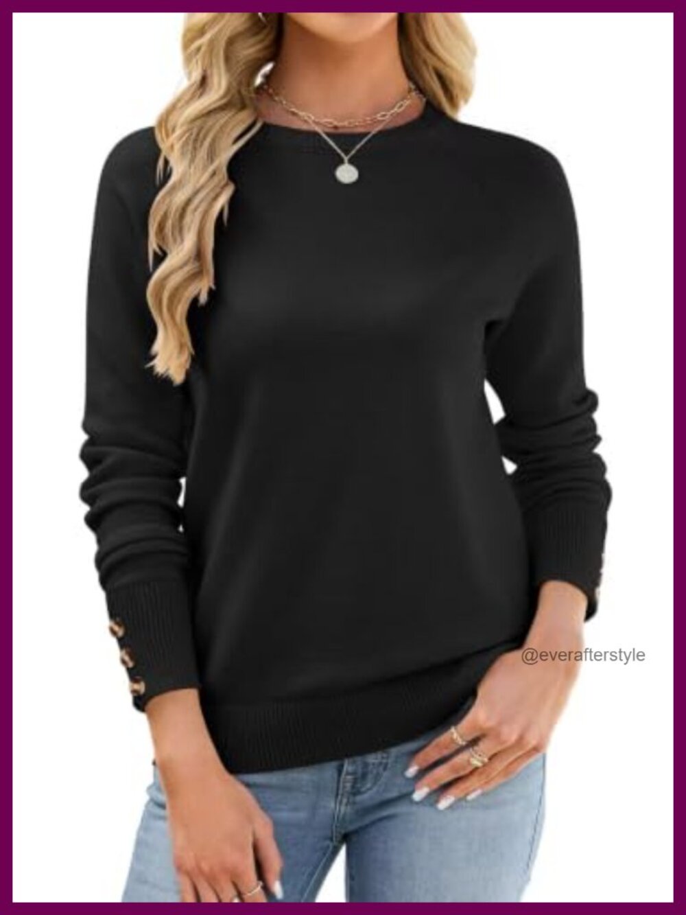 Long Sleeve Crew Neck Pullover Sweater Buttoned Cuff Knit Women's Casual Work